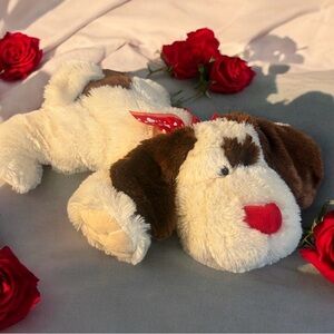 Atico Valentine Puppy Laying 23” Dog Plush Stuffed Animal Brown Cream Heart Bow